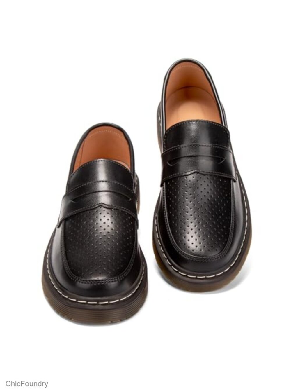 Genuine Leather Penny Loafers Women's Breathable Perforated Slip-On Memory Foam